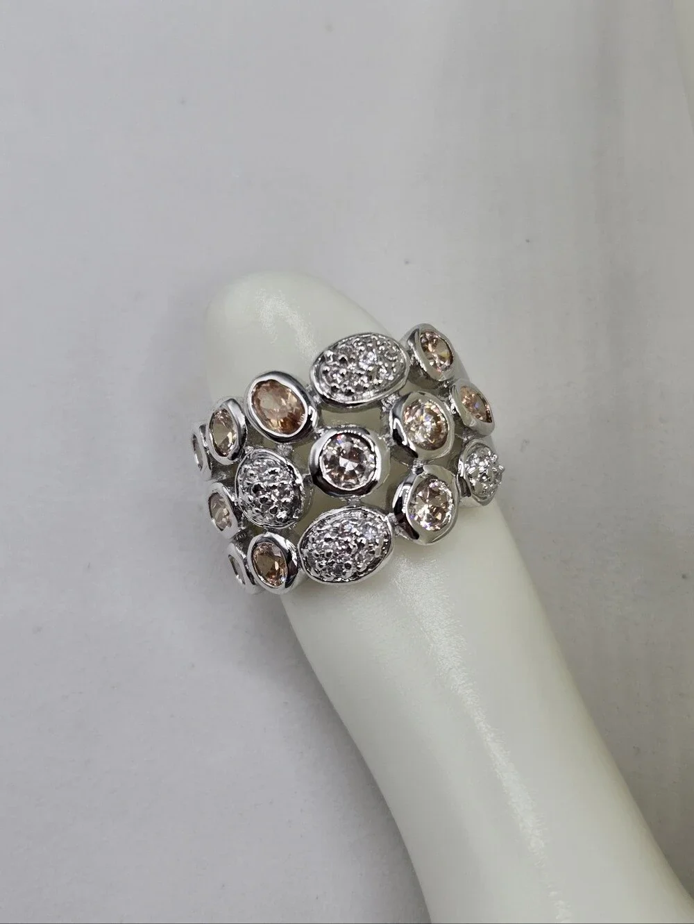 Swarovski Crystal Elements Silver Statement Ring Champagne Size 7 Wide Band